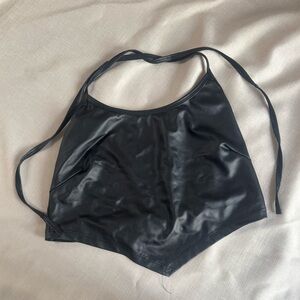 Black Faux Leather Asymmetrical Halter Crop Top – Festival / Going Out / Size L